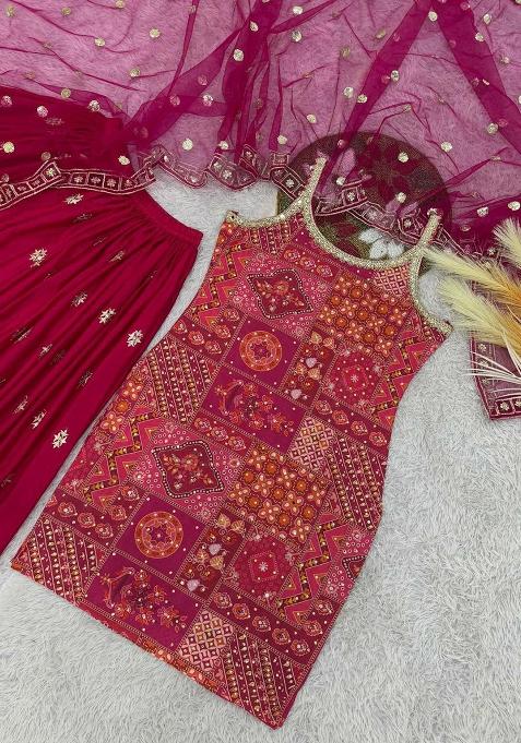 Red Bandhani Blended Sharara Set