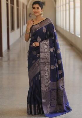 Navy Blue Embroidery Silk Blend Saree Set for Diwali and Festive Wear