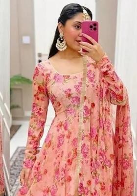 Peach Floral Print Georgette Anarkali With Dupatta