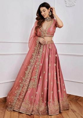 Pink Sequin Embroidered Art Silk Blend Lehenga Set for Diwali and Festive Wear
