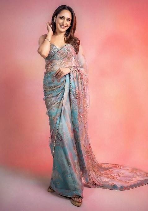Sky Blue Sequins Silk Blend Saree for Diwali and Festive Wear