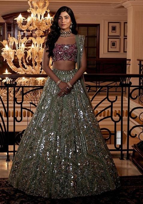 Multi Color Sequence Embroidery Georgette Lehenga Set With Dupatta for Diwali and Festive Wear