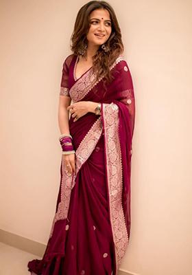 Maroon Weaving Silk Blend Saree Set for Diwali and Festive Wear