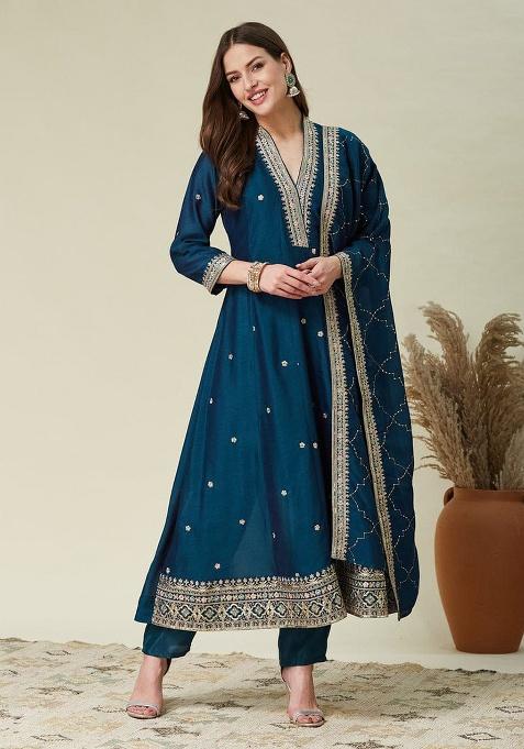 Teal Embroidered Silk Blend Anarkali Set