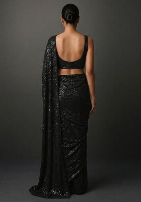 Black Sequin Work Net Pre Draped Saree Set