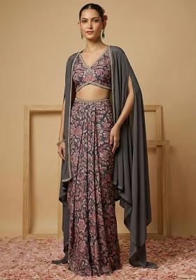 Charcoal Grey Silk Fusion Set with Floral Print for Diwali | Wedding & Festive Wear
