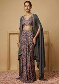 Charcoal Grey Silk Fusion Set with Floral Print for Diwali | Wedding & Festive Wear