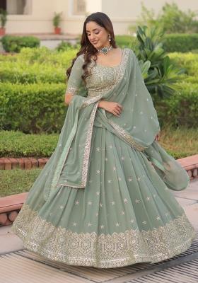 Sea Green Embroidery Georgette Lehenga Set for Diwali and Festive Wear