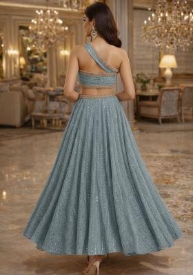 Dusty Blue Embellished Shimmer Lehenga Set with Sequin for Diwali | Wedding & Festive Wear