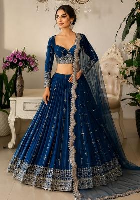 Navy Blue Embroidered Georgette Lehenga Set for Diwali and Festive Wear
