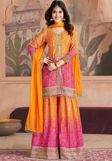 Orange Bandhani Chinon Sharara Set