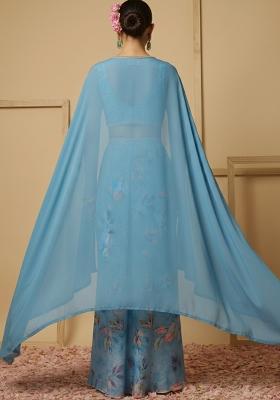 Blue Silk Fusion Set with Floral Print for Diwali | Wedding & Festive Wear