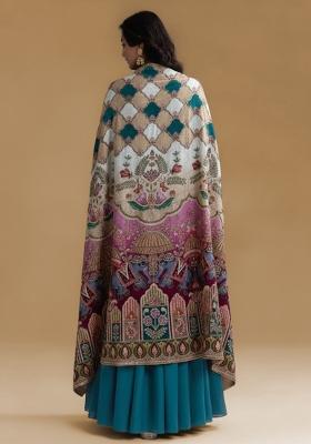 Teal Blue Figure Print Crepe Fusion Set
