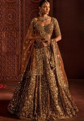 Brown Work Net Lehenga Set with Sequin for Diwali | Wedding & Festive Wear