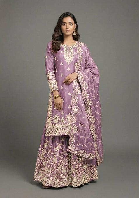 Voilet Embroidered Silk Sharara Set