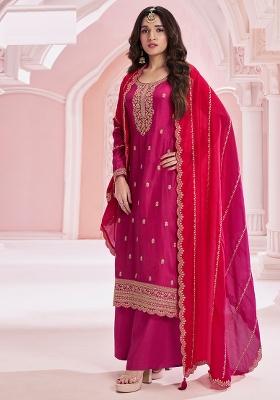 Pink Embroidered Silk Blend Sharara Set