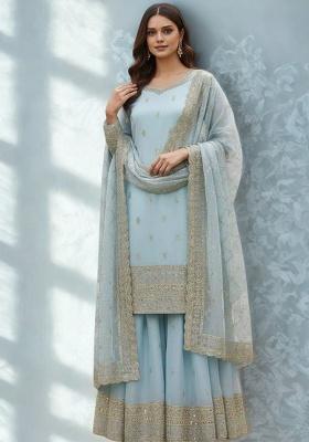 Blue Embroidered Silk Blend Sharara Set