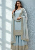 Blue Embroidered Silk Blend Sharara Set