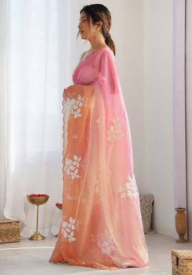 Pink Orange Silk Blend Saree Set with Embroidery for Diwali | Wedding & Festive Wear