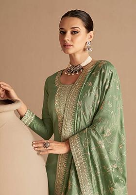 Dusty Green Embroidered Silk Blend Straight Kurta Set