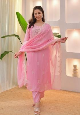 Pink Chikankari Chanderi Straight Kurta Set