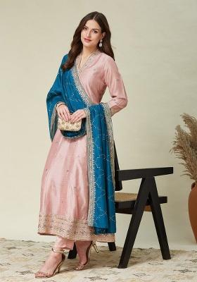 Peach Embroidered Silk Blend Pakistani Suit Set