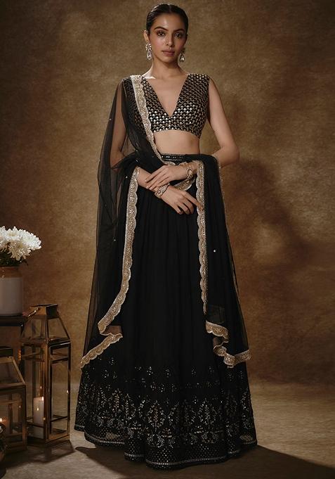 Black Georgette Lehenga Set with Embroidered & Sequin for Diwali | Wedding & Festive Wear