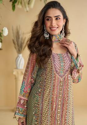Sea Green Printed Silk Blend Pakistani Suit Set