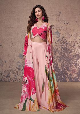 Pink Floral Print Silk Blend Co Ord Set for Diwali and Festive Wear
