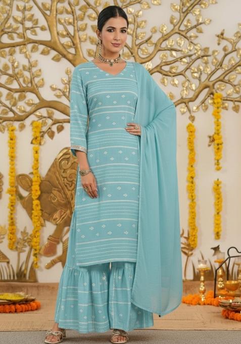 Ice Blue Embroidered Chanderi Sharara Set