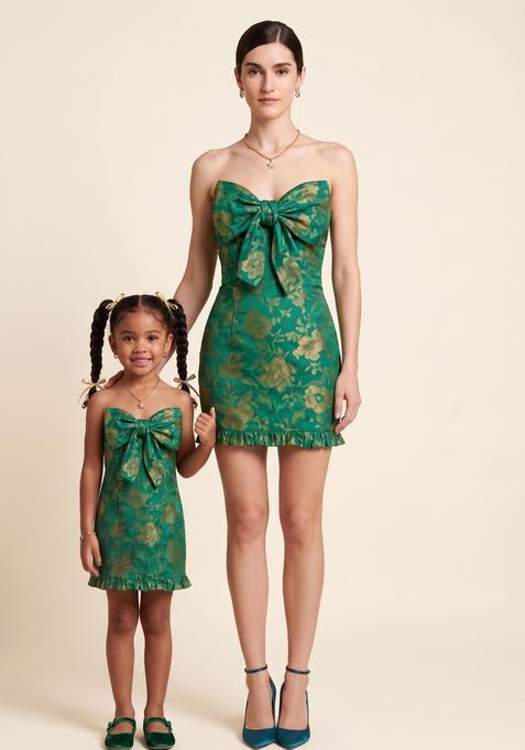 Sweet Green Embroidered Brocade Mother Daughter Dress | Twin In Sweet Style