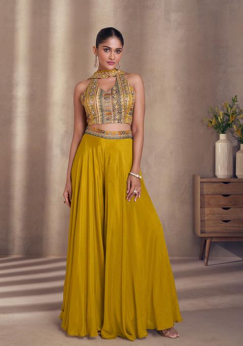 Mustard Embroidered Chinon Sharara Set