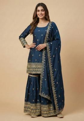 Teal Embroidered Chinon Sharara Set