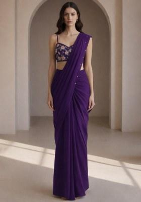 Timeless Purple Embroidery Blouse Crepe Mother Daughter Pre-Draped Saree Set | Drape, Dazzle, Twin