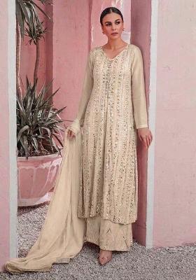 Off White Embroidered Georgette Straight Kurta Set