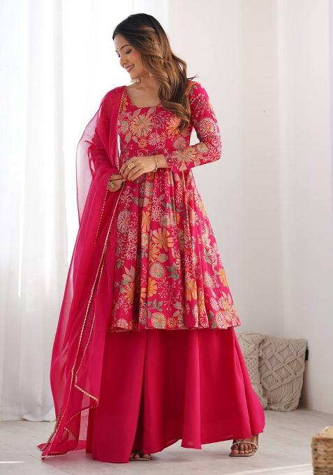 Rani Pink Floral Print Chanderi Sharara Set