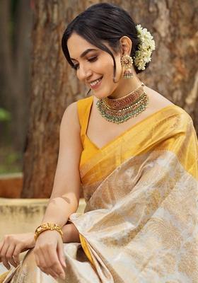 Cream Machine Lichi Silk Blend Saree Set with Embroidered for Diwali | Wedding & Festive Wear