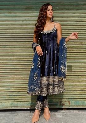 Navy Blue Embroidered Vichitra Anarkali Set