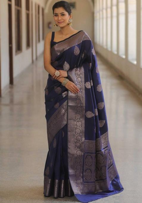 Navy Blue Embroidery Silk Blend Saree Set for Diwali and Festive Wear