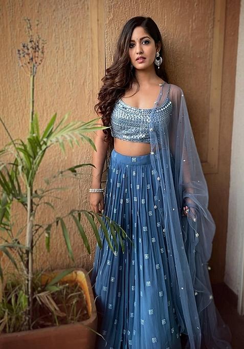 Blue Embroidered Georgette Lehenga Set for Diwali and Festive Wear