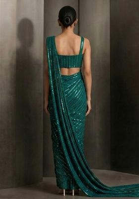 Green Glitter Pre Draped Saree Set for Diwali and Festive Wear