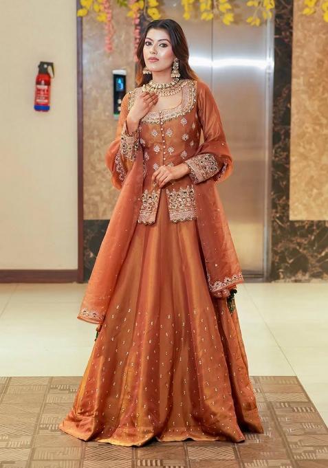 Brown Embroidered Silk Blended Lehenga Set