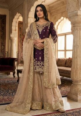 Wine Beige Embroidered Silk Blend Kurta Set