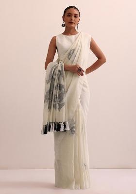 White Linen Saree Set with Printed for Diwali | Wedding & Festive Wear