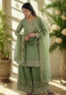 Green Embroidery Silk Sharara Set