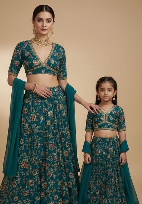 Dreamy Teal Blue Floral Print Crepe Mother Daughter Lehenga Set | Twin In Royal Style