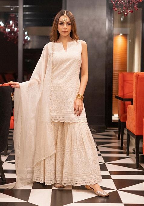 White Chikankari Cotton Sharara Set