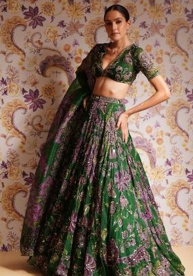 Green Embroidered Silk Lehenga Set for Diwali and Festive Wear
