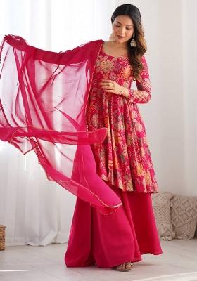 Rani Pink Floral Print Chanderi Sharara Set