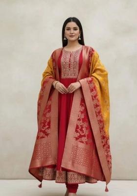 Red Embroidered Silk Blend Anarkali Set
